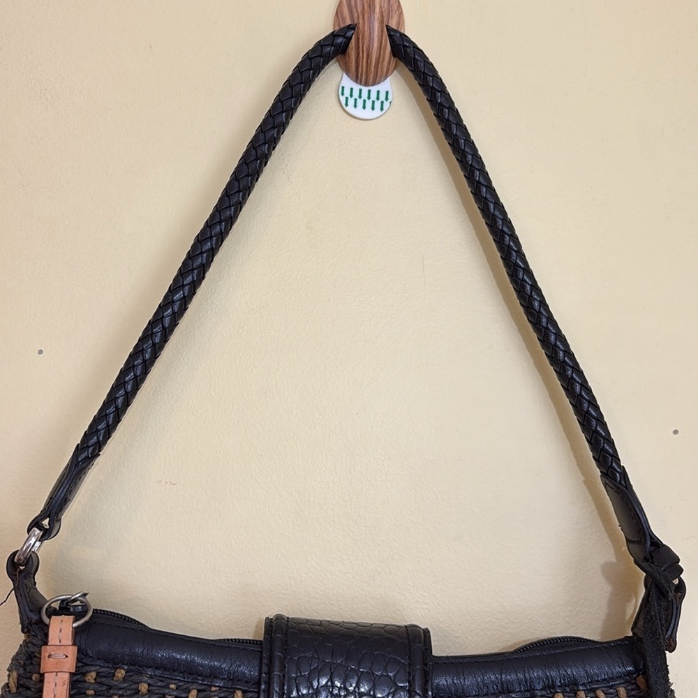 Brighton | Black Brown Woven Leather Trim Zip Top Magnetic Flap Shoulder Bag - Picture 5 of 13